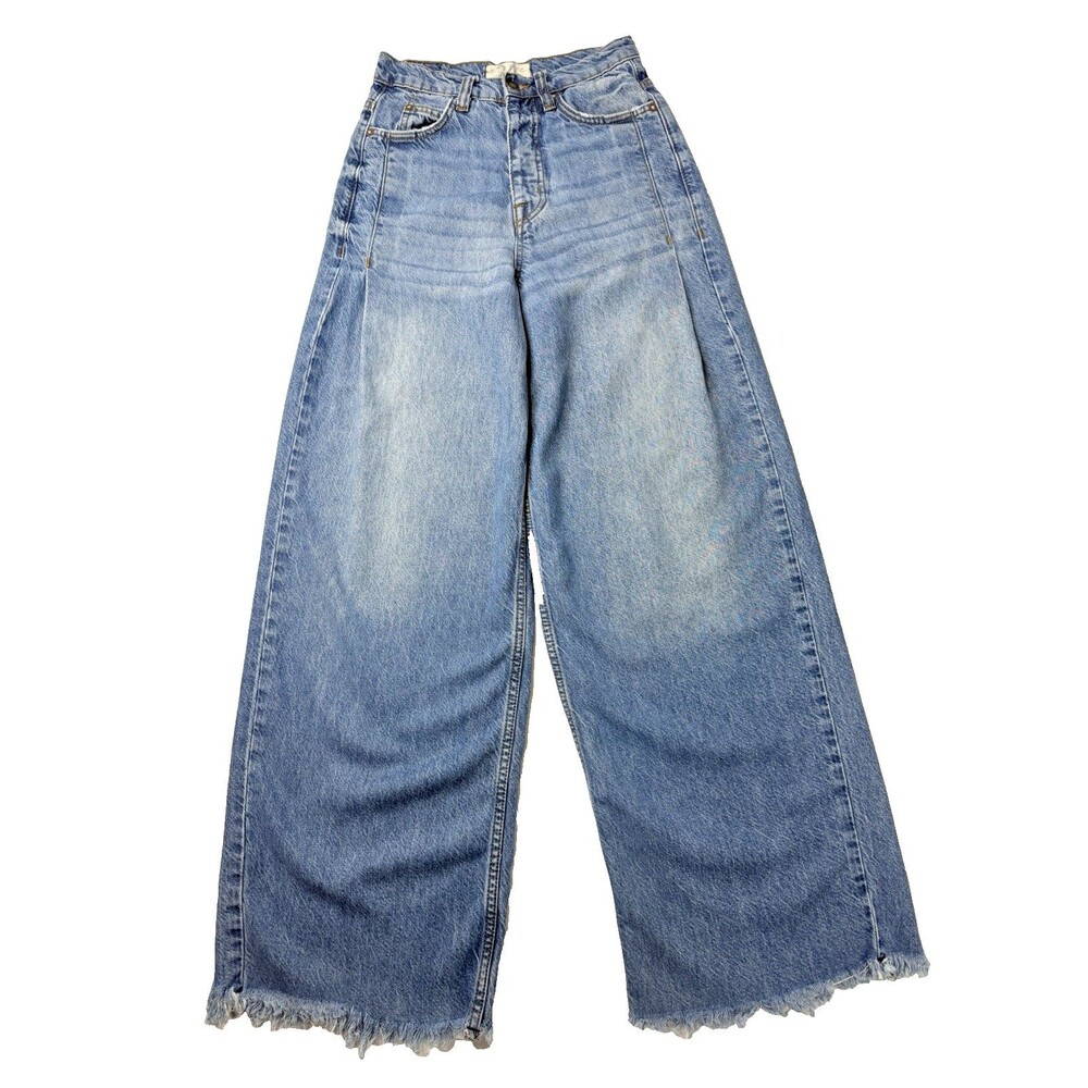 We The Free People Size 24 High Rise Wide Leg Cropped Jeans Raw Hem Denim